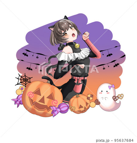 【自然な髪色・背景あり】黒猫のコスプレをした赤担当ボブの女の子 95637684