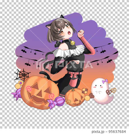 【自然な髪色・背景あり】黒猫のコスプレをした赤担当ボブの女の子 95637684