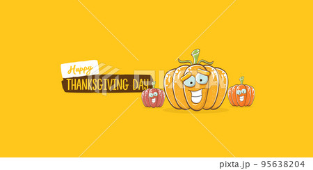 Funny Thanksgiving day horizontal banner with vector funny cartoon cute smiling friends pumpkins isolated on orange background. Thanksgiving day cute banner and label design template with pumpkins 95638204