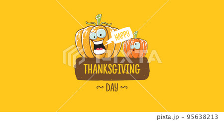 Funny Thanksgiving day horizontal banner with vector funny cartoon cute smiling friends pumpkins isolated on orange background. Thanksgiving day cute banner and label design template with pumpkins 95638213
