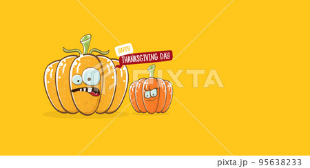 Funny Thanksgiving day horizontal banner with vector funny cartoon cute smiling friends pumpkins isolated on orange background. Thanksgiving day cute banner and label design template with pumpkins 95638233