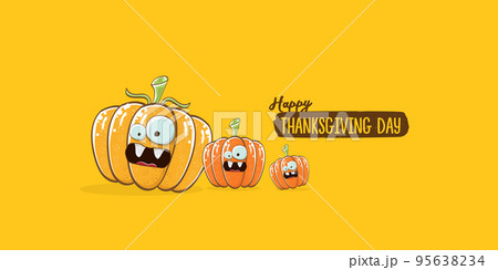 Funny Thanksgiving day horizontal banner with vector funny cartoon cute smiling friends pumpkins isolated on orange background. Thanksgiving day cute banner and label design template with pumpkins 95638234