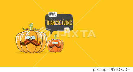 Funny Thanksgiving day horizontal banner with vector funny cartoon cute smiling friends pumpkins isolated on orange background. Thanksgiving day cute banner and label design template with pumpkins 95638239