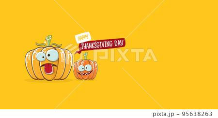 Funny Thanksgiving day horizontal banner with vector funny cartoon cute smiling friends pumpkins isolated on orange background. Thanksgiving day cute banner and label design template with pumpkins 95638263
