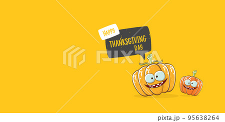 Funny Thanksgiving day horizontal banner with vector funny cartoon cute smiling friends pumpkins isolated on orange background. Thanksgiving day cute banner and label design template with pumpkins 95638264