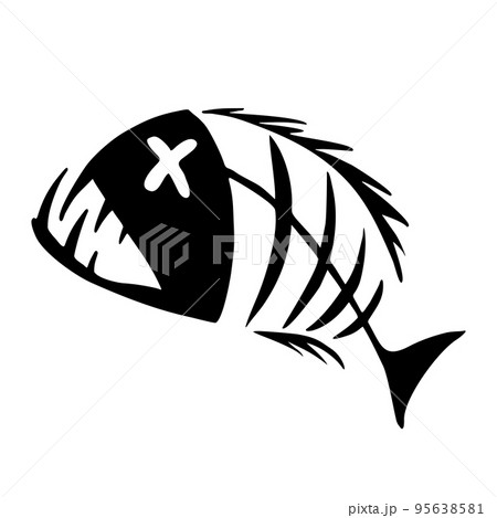 black graphic image of a fish skeleton on a white background, illustration, design 95638581