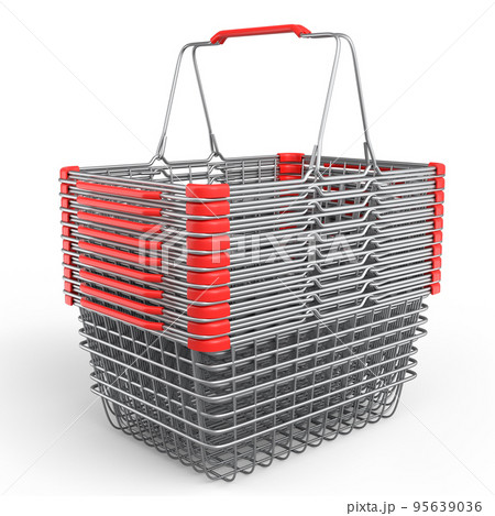 Stavk of metal wire basket from supermarket for online shopping on white. Stavk of metal wire basket from supermarket for online shopping on white. 95639036