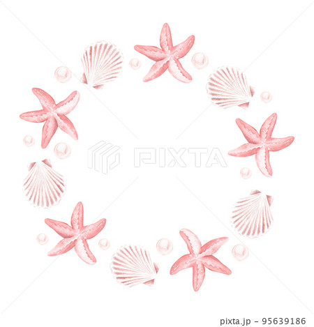 Wreath of pink shells, starfish and pearls. Watercolor illustration. Isolated on a white background. Wreath of pink shells, starfish and pearls. Watercolor illustration. Isolated on a white background. 95639186
