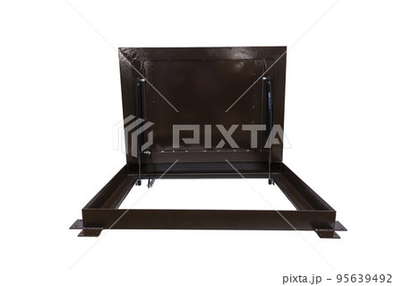 Metal hidden revision hatch for paving stones on a white background 95639492