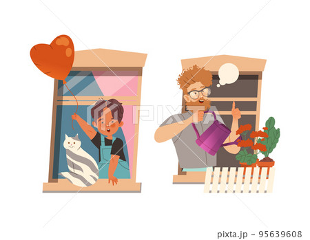 Man and Kid in Open Window with Heart Balloon and Watering Flowers Vector Set 95639608
