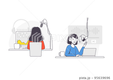 Podcast Recording with Young Woman with Microphone Broadcasting and Live Streaming Outline Vector Set 95639696