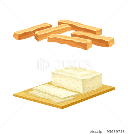Soy Protein and Tofu Curd on Cutting Board as Edible Vegan Product Vector Set Soy Protein and Tofu Curd on Cutting Board as Edible Vegan Product Vector Set 95639753