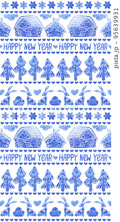 Pattern of stripes with hares, hearts, houses, Christmas trees. 95639931
