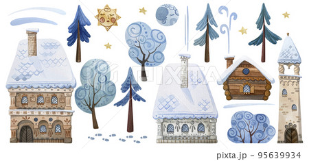 Set of winter watercolor illustrations of houses, towers, fir trees, trees. 95639934