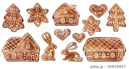 A set of gingerbread in the form of huts, towers, Christmas trees, hearts and the symbol of 2023 hare.  95639937