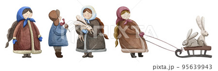 A set of watercolor illustrations with children for winter and New Year compositions. 95639943