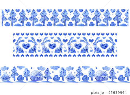 New Year's set of stripes with an ornament of rabbits, houses and Christmas trees. 95639944