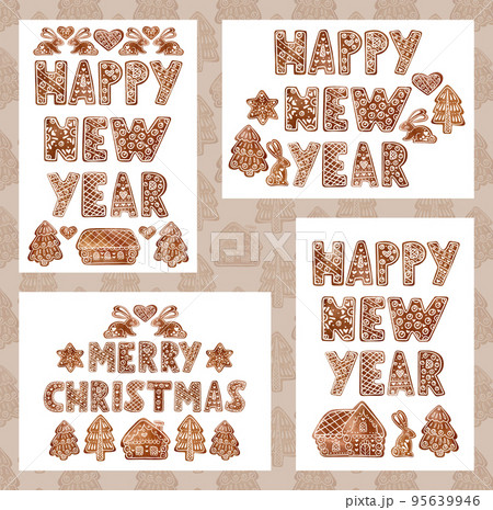 A set of watercolor cards with gingerbread in a fairy tale style.  95639946