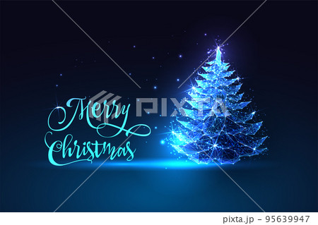 Merry Christmas greeting card with Glowing spruce tree in futuristic glowing polygonal style on blue Merry Christmas greeting card with Glowing spruce tree in futuristic glowing polygonal style on blue 95639947