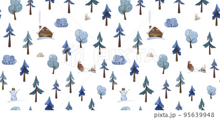 Seamless pattern of houses, trees, hares and walking children. 95639948