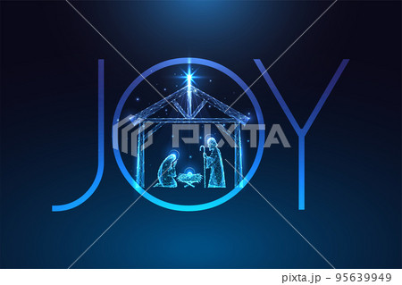 Christian religious Christmas greeting card with Nativity scene and word Joy on dark blue background Christian religious Christmas greeting card with Nativity scene and word Joy on dark blue background 95639949