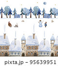 Seamless horizontal pattern of houses, streets, forests and trees.  95639951