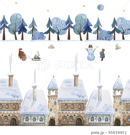 Seamless horizontal pattern of houses, streets, forests and trees. Seamless horizontal pattern of houses, streets, forests and trees. 95639951