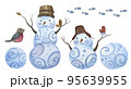 Watercolor set of snowmen in folklore style.  95639955