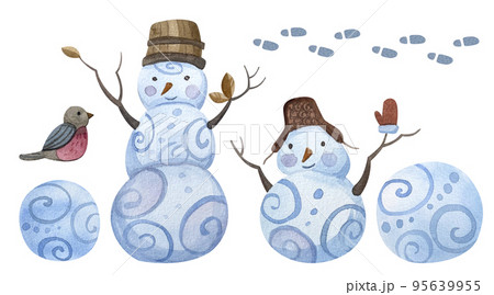 Watercolor set of snowmen in folklore style.  95639955