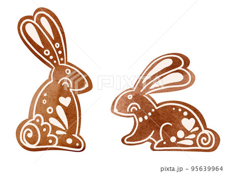 A set of gingerbread in the form of hares of the symbol of 2023. 95639964