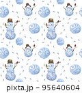 Seamless pattern of snowmen, snow globes and footprints in the snow. 95640604