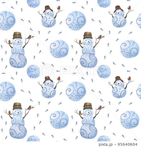 Seamless pattern of snowmen, snow globes and footprints in the snow. 95640604