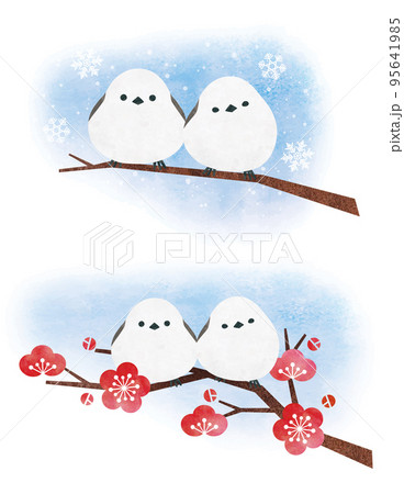 水彩のシマエナガと梅の木と雪 95641985
