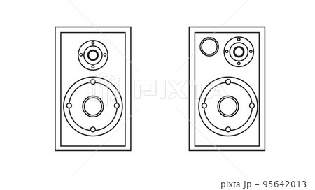 Large audio music loudspeakers with speakers for playing retro music from the 70s, 80s, 90s. Black and white icon. Vector illustration. 95642013
