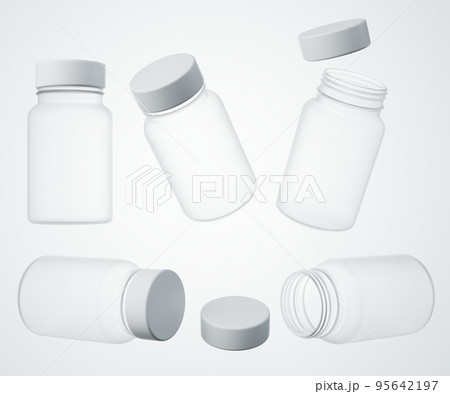Medical transparent plastic jar with cap 3D render, commercial product mock-up, several views pharmacy container realistic template, vitamin bottle Medical transparent plastic jar with cap 3D render, commercial product mock-up, several views pharmacy container realistic template, vitamin bottle 95642197