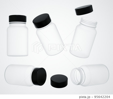 Medical transparent plastic jar with black cap 3D render, commercial product mock-up, several views pharmacy container realistic template, vitamin bottle 95642204