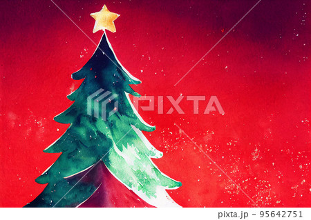 Watercolor Christmas tree. Red decorative background. New year 95642751