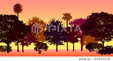 樹木を配置した森のシルエット画像。夕焼けの背景画像に便利なイラスト 樹木を配置した森のシルエット画像。夕焼けの背景画像に便利なイラスト 95643076