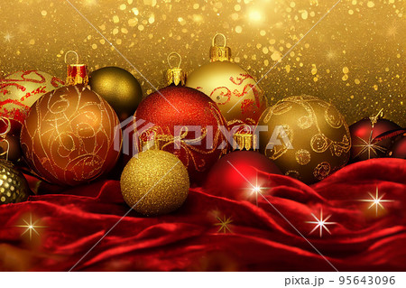Christmas composition. Christmas red decorations, fir tree branches on red background. Flat lay, top view, copy space 95643096