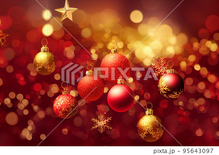 Christmas composition. Christmas red decorations, fir tree branches on red background. Flat lay, top view, copy space 95643097