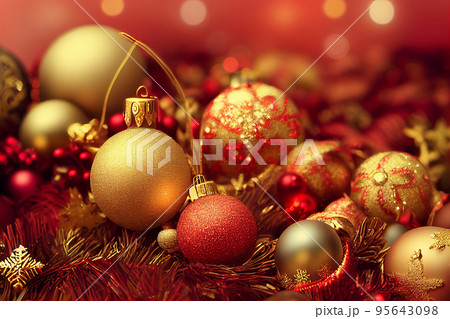 Christmas composition. Christmas red decorations, fir tree branches on red background. Flat lay, top view, copy space 95643098