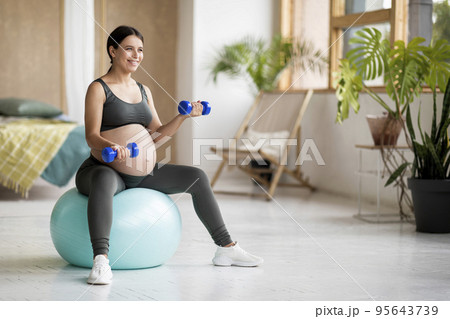 Smiling Pregnant Female Training With Dumbbells And Sitting On Fitball At Home Smiling Pregnant Female Training With Dumbbells And Sitting On Fitball At Home 95643739