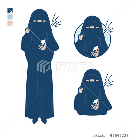 ニカブを着たイスラム教徒の女性がスマートフォンを持ち怒っているイラストのイラスト素材