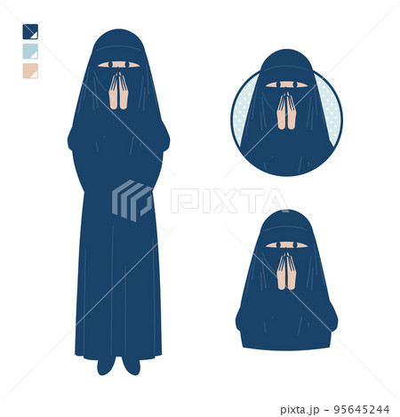ニカブを着たイスラム教徒の女性が驚き不安な様子になっているイラスト 95645244
