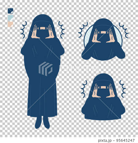 Illustration of a Muslim woman wearing a niqab warning loudly 95645247