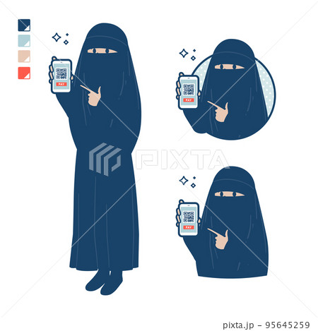 ニカブを着たイスラム教徒の女性がスマートフォンでキャッシュレス決済しているイラスト ニカブを着たイスラム教徒の女性がスマートフォンでキャッシュレス決済しているイラスト 95645259