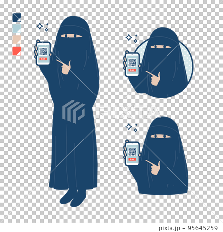 Illustration of a Muslim woman wearing a niqab making a cashless payment with a smartphone 95645259