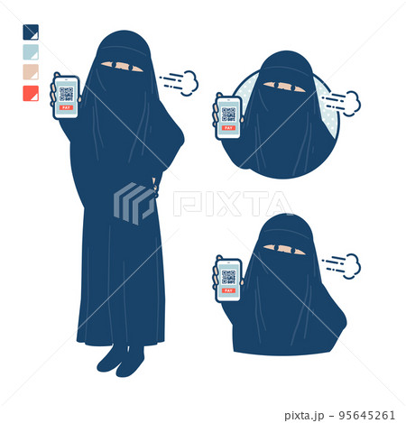 ニカブを着たイスラム教徒の女性が困った顔でスマートフォンでキャッシュレス決済しているイラスト ニカブを着たイスラム教徒の女性が困った顔でスマートフォンでキャッシュレス決済しているイラスト 95645261
