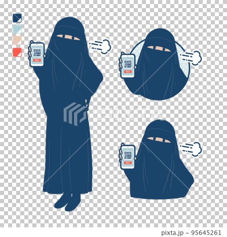 ニカブを着たイスラム教徒の女性が困った顔でスマートフォンでキャッシュレス決済しているイラスト ニカブを着たイスラム教徒の女性が困った顔でスマートフォンでキャッシュレス決済しているイラスト 95645261
