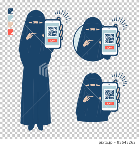 ニカブを着たイスラム教徒の女性がスマートフォンでキャッシュレス決済しているイラスト ニカブを着たイスラム教徒の女性がスマートフォンでキャッシュレス決済しているイラスト 95645262